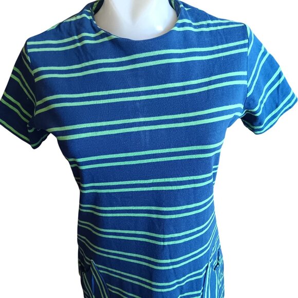 Vintage Shirt Dress 60's Medium Blue Green Striped Pockets Back Zipper Sock Hop - Picture 2 of 7